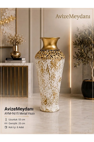 avizemeydanı 55 cm Lüks Eskitme Gold ve Beyaz Detaylı Zemin Vazosu