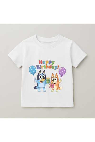 SVART WEAR Bluey Birthday Balloon Printed Children's T-Shirt 100% Cotton White