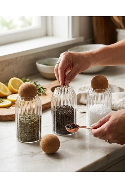 LeylArt 3-Piece Set of Striped Patterned Jars with Ball Cork Lids (700ml)