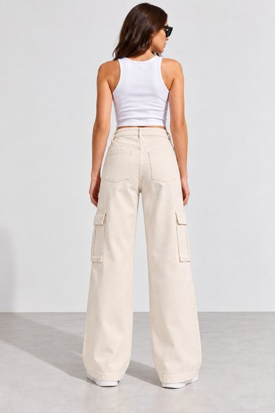 ZÉRIA Women's Cargo Pocket Cream Palazzo Jeans High Waist Wide Leg Jeans