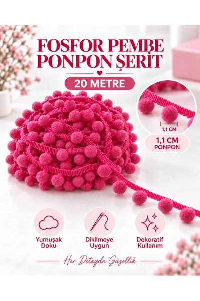 kubbe tekstil aksesuar 20 Metre Fosfor Pembe Ponpon Şerit – 1,1 cm Ponponlu Ş...
