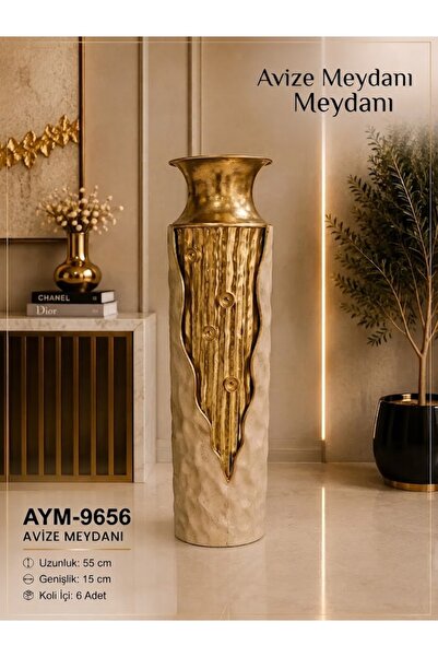 avizemeydanı Avize Meydanı Artisan Dokulu Krem-Gold Kompakt Metal Zemin Vazos...