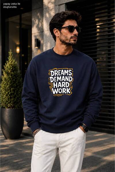 caddekombin Men's Dreams Demand Hard Work Typographic Printed Crew Neck Casua...