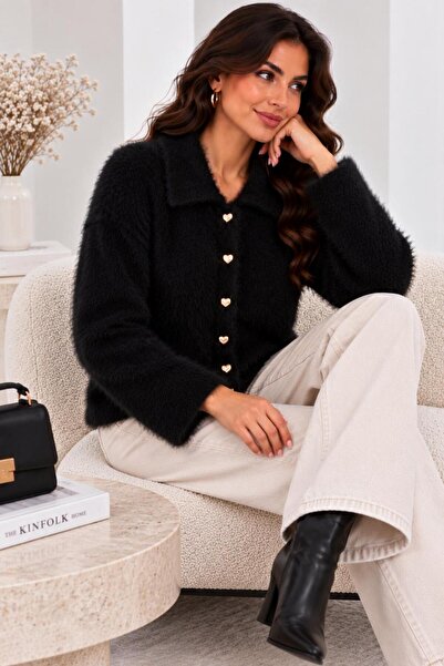 Sfg Life Moda Women's Shirt Collar 7 Heart Gold Buttoned Long Furry Embroider...