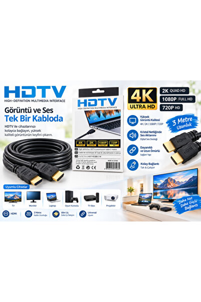 HDTV 3 Metre HDMI Kablo 4K Ultra HD Görüntü ve Ses Destekli TV PC Laptop Oyun Konsolu Projeksiyon
