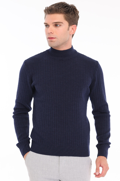 Trist Star Navy Blue Men's 80% Wool 20% Acrylic Ribbed Knit Half Turtleneck S...