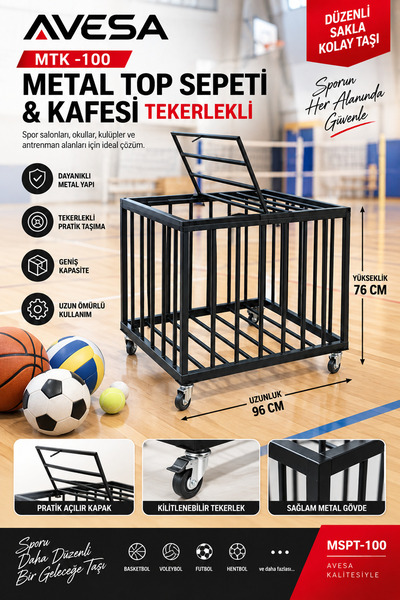 AVESSA Metal Top Sepeti & Kafesi Tekerlekli - MTK-100 / MSPT-100 - Dayanıklı Metal Yapı - 96 x 76 CM