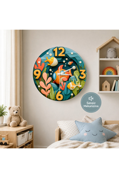 no26dekor 🕒 Deniz Akvaryum Temalı⭐ Sessiz Çocuk Duvar Saati 🎈 MDF Dekoratif...