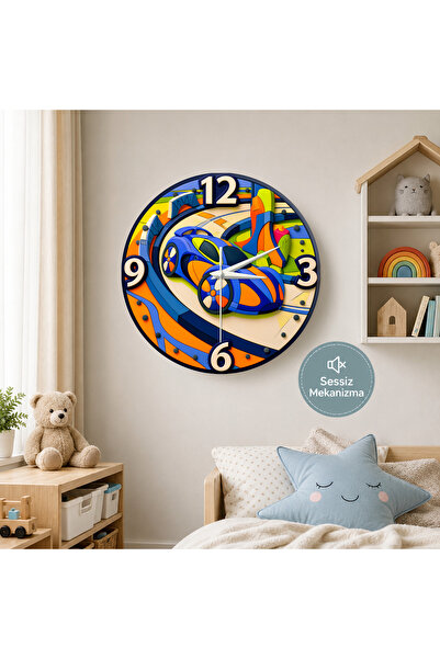 no26dekor 🕒 Spor Arabalı⭐ Sessiz Çocuk Duvar Saati 🎈 MDF Dekoratif Çocuk Od...