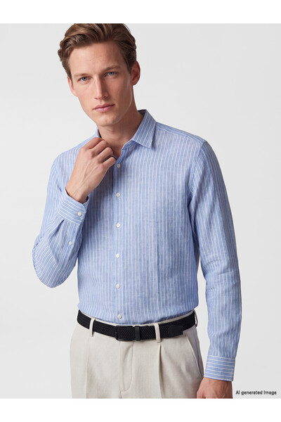 LC Waikiki Southblue Blue Regular Fit Striped 100% Linen Men's Shirt