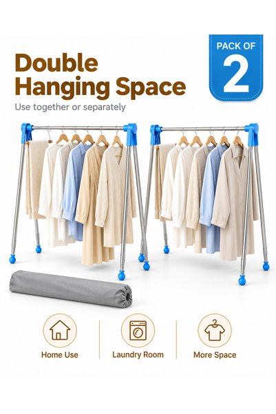 Generic 2 Pcs Portable Foldable Clothes Rack – Stainless Steel Travel Garment & Drying Rack, Adjustable Height & Width, Space Saving, Blue