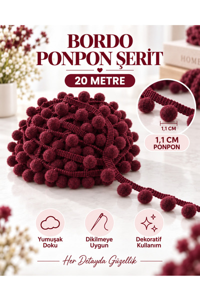 kubbe tekstil aksesuar 20 Metre Bordo Ponpon Şerit – 1,1 cm Ponponlu Şerit – ...