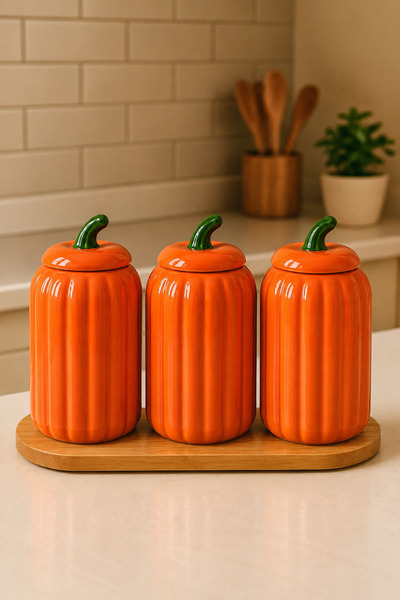 Woodcept. 3-Piece Stand Set with Orange Lids and Striped Porcelain Jars for S...