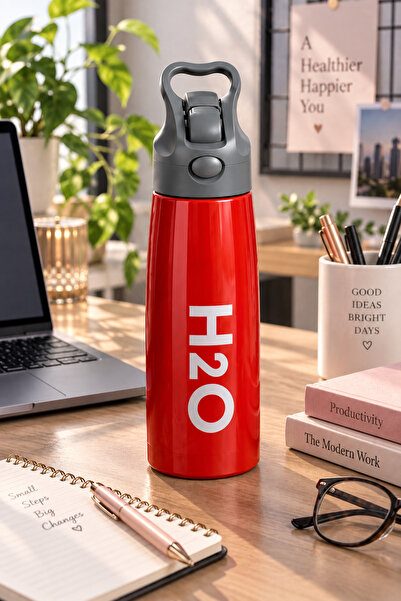 H2O Paslanmaz Çelik Pipetli Su Şişesi Matara 700 ml – Kulplu Bas-Aç Kapaklı S...