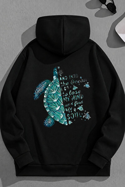 K KOZZ STYLE Unisex 3 Thread Cotton Black Ocean Print Loose Fit Sweatshirt Ho...