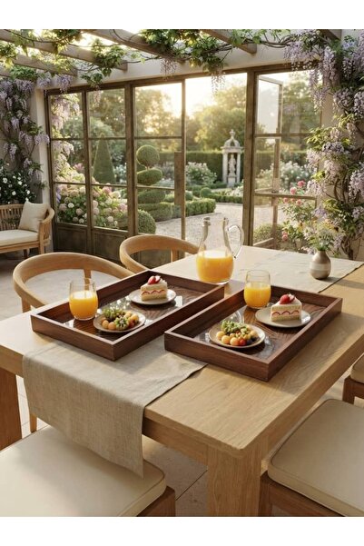 Generic Brand Rectangular Dark Brown Wooden Serving Tray Set with Handles on ...