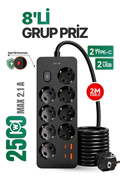 Seyoni 8’li Grup Priz 2 USB 2 Type-C Girişli 2 Metre Kablolu Aşırı Yük Koruma...