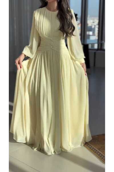 Ayaen Calm Yellow Dress with Pleats and a Defined Waist, Elegant Flared Sleeves