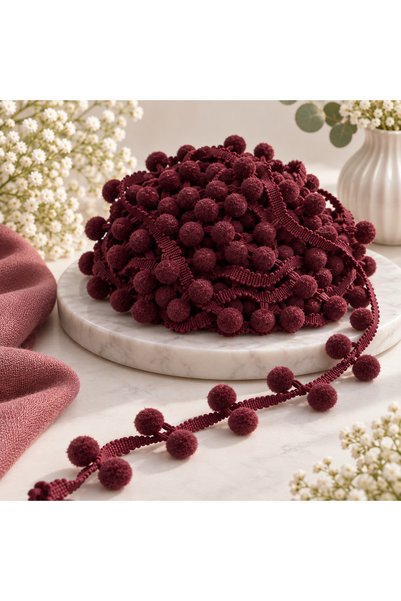 kubbe tekstil aksesuar 20 Meters of Burgundy Pom-Pom Ribbon – 1.1 cm Pom-Pom Ribbon – Towel Edge, Baby Blanket, Pillow, Curtain, and Decorative Textile Ornament