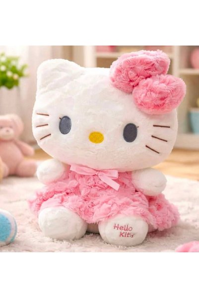 SHAMİRA Pembe tüyleri kıvırcık elbiseli ithal hello kitty tokalı 30 cm