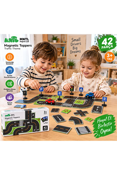 MNTL MAGNET LAB 42 PARÇA MANYETİK YOL VE TRAFİK SETİ MAGNETİC TOPPERS 3+ YAŞ