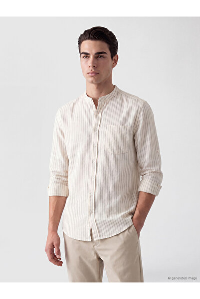 LC Waikiki Lcwaikiki Classic Beige Regular Fit Judge Collar Striped Men's Shirt