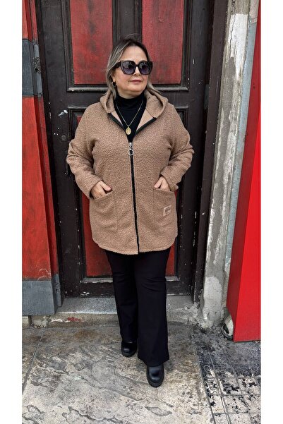 Genel Markalar Kadın Kapüşonlu Cepli Fermuarlı Buklet Keçe Hırka Ceket Büyük ...