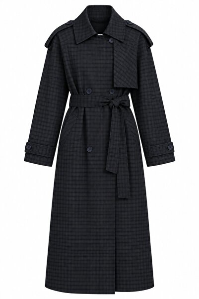 Laluvia Black Plaid Patterned Long Trench Coat - 9738