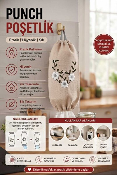 EVİNİZİNRİTMİ Poşetlik Punch Nakışlı Keten Askılı Mutfak Poşet Düzenleyici Or...