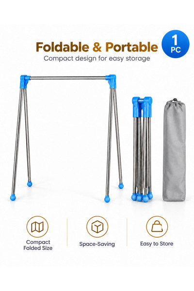 Generic 1 Pc Portable Foldable Clothes Rack – Stainless Steel Travel Garment & Drying Rack, Adjustable Height & Width, Space Saving, Blue