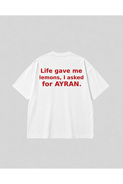 Ayran Yazılı Sırt Baskılı Oversize Beyaz Unisex Pamuklu Tişört