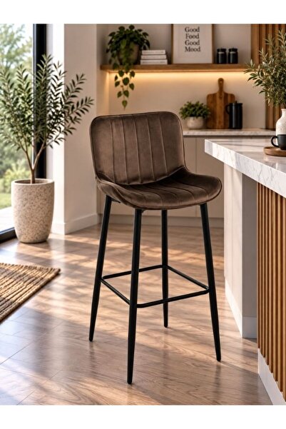 Generic Brand Upholstered Velvet Bar Stool Chair-Brown