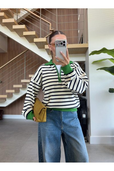MareandCo Zipper Collar Detailed Striped Long Sleeve Knitwear