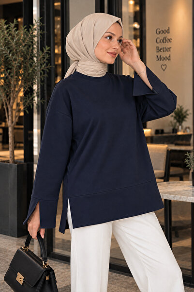 RuyaMood Kadın Lacivert Modal Kumaş Yırtmaç Detaylı Bisiklet Yaka Oversize Te...