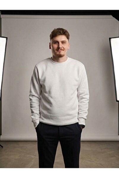 Erkek Bisiklet Yaka Basic Sweatshirt Şardonlu Pamuklu Fit Düz Sweat