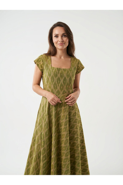 Generic Brand Rochie ampla midi din bumbac Ikat, verde fistic, marime M