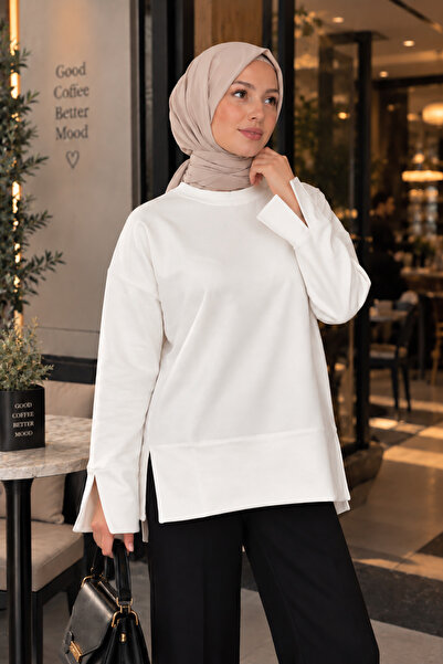 RuyaMood Kadın Beyaz Modal Kumaş Yırtmaç Detaylı Bisiklet Yaka Oversize Teset...