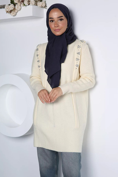 TOZLU Cream Gülseli Stone Embellished Hijab Knitwear Tunic