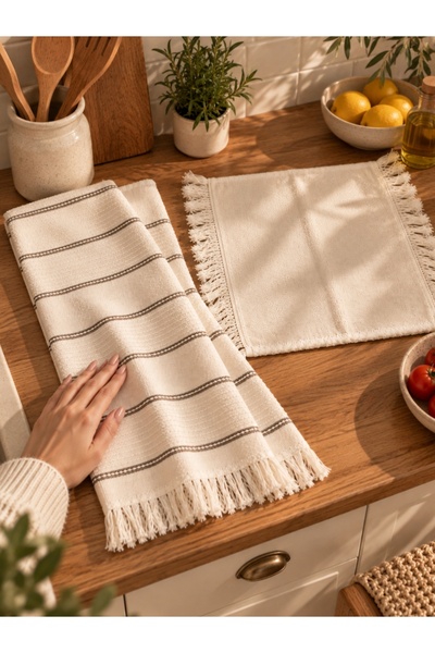 ZIY Collection Home Series 2'li Mutfak Seti -Püsküllü Tasarım Mutfak Havlusu ...