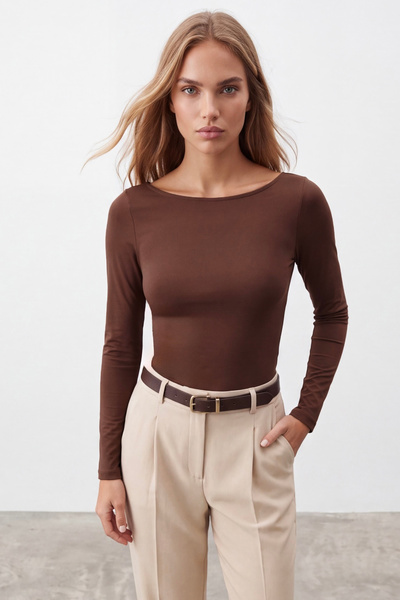 Trend Alaçatı Stili Women's Brown Boat Neck Polyamide Blouse Alc-X15723