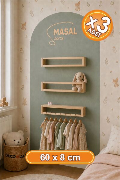 DECOMALL ( Raf-06 ) 60-8 cm 3 lü Ahşap Raf Askılık Ve Kitaplık Rafı-Eğitici M...