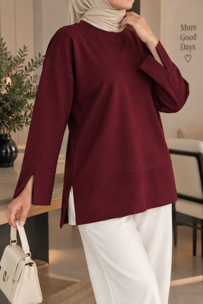 RuyaMood Kadın Bordo Modal Kumaş Yırtmaç Detaylı Bisiklet Yaka Oversize Tesettür Tunik