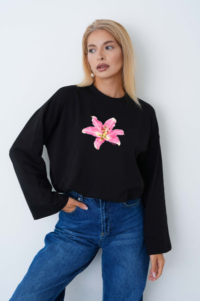 herkesemoda Kadın Lily Çiçeğ Baskılı Uzun Kollu Oversize Body