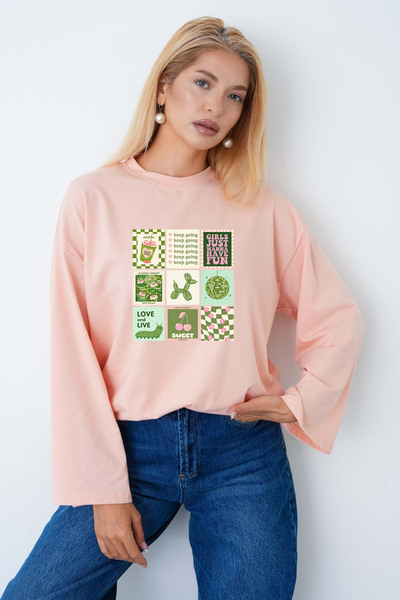 herkesemoda ملابس نسائية طويلة الأكمام بطباعة كولاج ريترو مناسبة للملابس الإس...