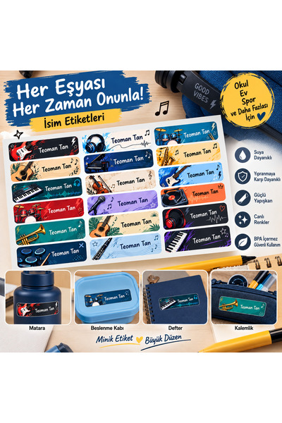 Müzik Temalı Kişiye Özel Okul Etiketi