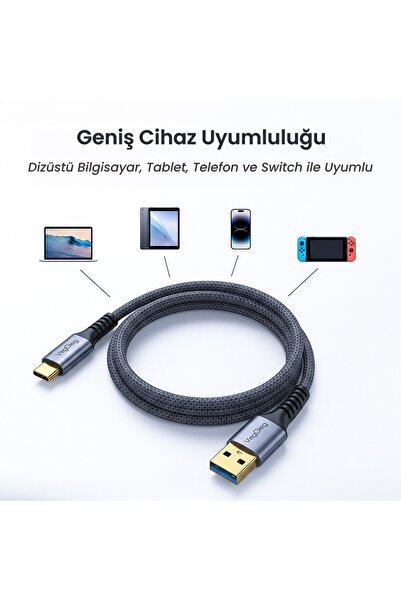 Veggieg USB 3.0 to USB-C Örgülü Type-C 5Gbps Data ve Şarj Kablosu 3 Metre