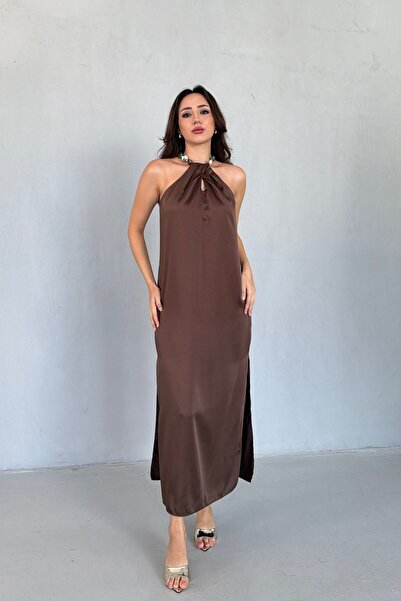 Serica Moda Rochie midi cu decolteu halter și accesorii cu mărgele maro