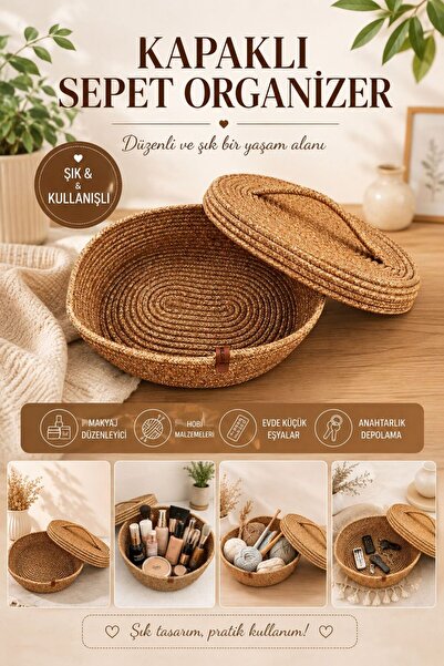 EYLCOTTON Jute Straw Basket Multi-Purpose Organizer with Lid 30X20Cm