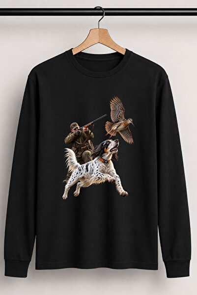 WİDİ Hunting Hunting Dog and Hound Dog Printed Crew Neck Long Sleeve 24/1 T-S...