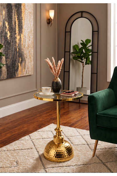 Royal Home طاولة جانبية دائرية ذهبية بتصميم فاخر وقاعدة زخرفية